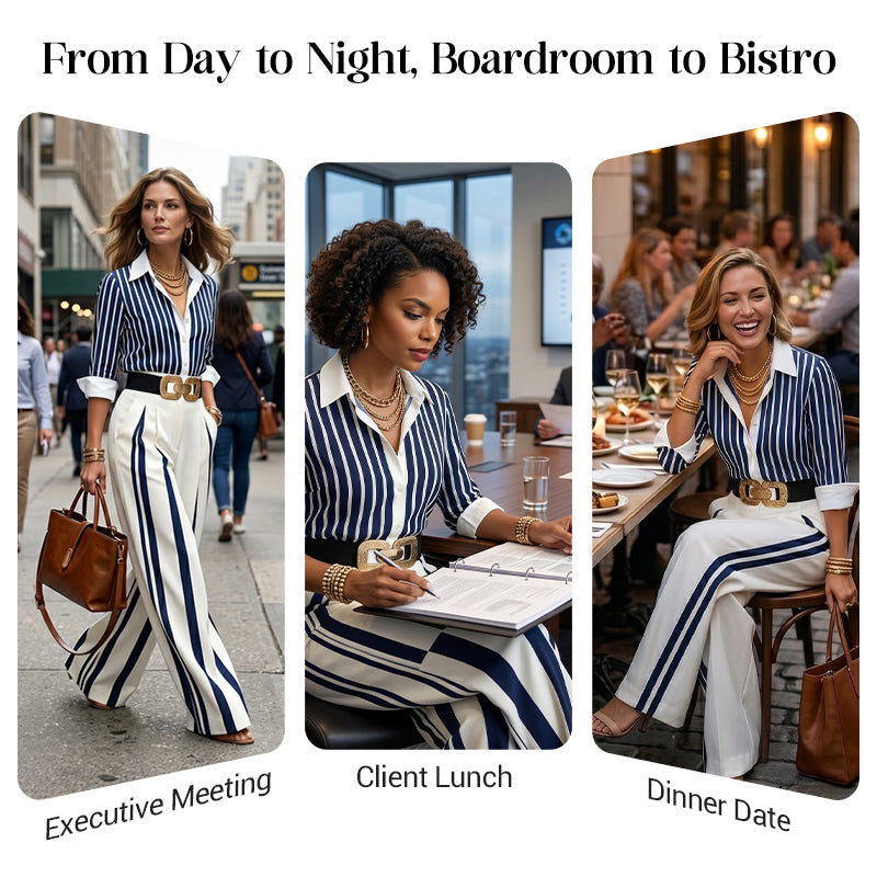 📢📢40% OFF !! ⏰Women's Striped Shirt & Wide-Leg Pants 2-Piece Set