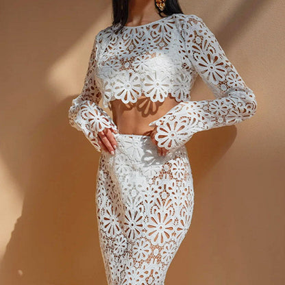 Balmy Summers Crochet Lace Floral Pattern Elastic Waist Fishtail Vacation Maxi Skirt